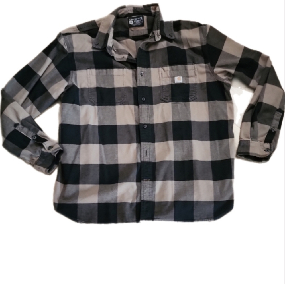Carhartt Flannel Shirt Black Gray Buffalo Check Plaid Long Sleeve Workwear